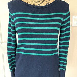 Ann Taylor Loft Sweater Navy Blue Green Striped Long Sleeve Size Medium